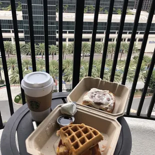 Waffle sandwich (5/5), with cinnamon roll (4.5/5 - I ordered it cold but you can order it warmed up if you like), with coffee.