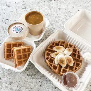 VEGAN pumpkin chai spice waffle topped with bruleed banana and cornbread waffle with pumpkin chili