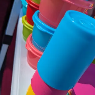 a stack of plastic cups