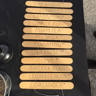 a row of wooden stick names