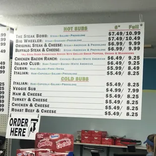 a menu and prices