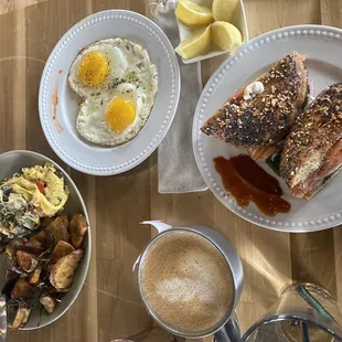 Side of Eggs over easy, Everything Bagel w/ cured salmon, Oat mill Latté and Diy D.i.y. Omelet Bar with all veggies (sans cheese/jalapeños)