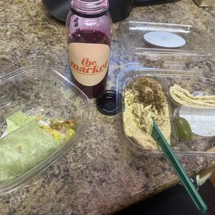 The Rafiki Wrap, the Bears Beets Battlestar Galactic Juice, and the Za'atar Hummus Olives Artichokes and Pita snack pack.