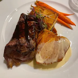 Wagyu grilled new york steak &amp; pan seared sea bass