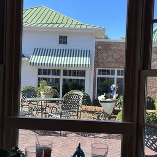 a view of a patio from a window
