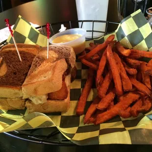 Market Reuben with White Fish with sweet potato fries! Special of the day!