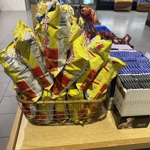 a basket of chips and other snacks