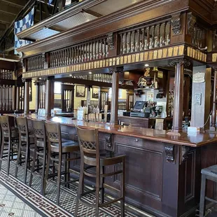 a bar with chairs