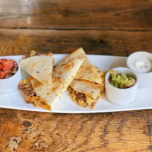 quesadillas, salsa and guacamole