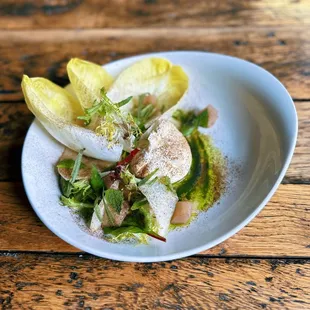 a plate of food on a wooden table