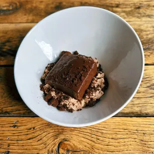 a chocolate dessert in a white bowl