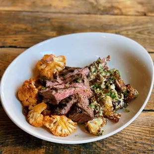 a plate of food on a wooden table