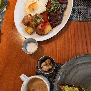 Skirt steak, cappuccino, Smashed Avocado Toast