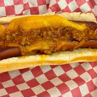 Jumbo hot dog with chili and Cheese.