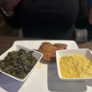 Pork chop, collards and broccoli and cheese casserole