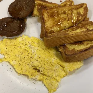 French toast, eggs and sausage.