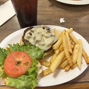 Mushroom Swiss burger and fries