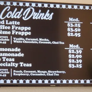 a menu for cold drinks