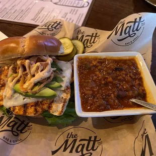 Blackened chicken sandwich with baked beans
