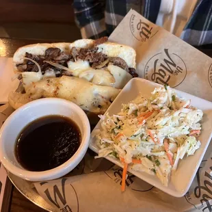 Prime Rib French Dip Sandwich with slaw
