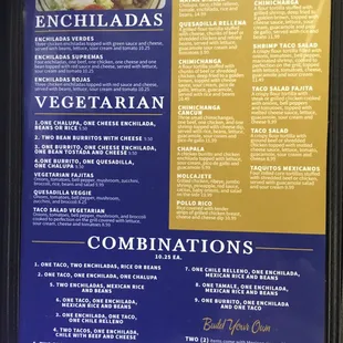 Combinations,enchiladas,vegetarians and specials