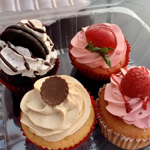 Oreo Cupcake, Raspberry cupcake, Strawberry Cupcake, Peanut butter cupcake