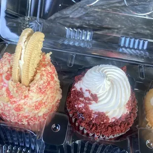 Strawberry Strawberry cookie crunch cupcake, Red Velvet Cupcake, and peanut butter cupcake