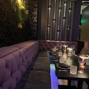 a purple velvet banquet seating
