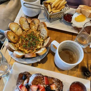 French toast, sour cream &amp; onion dip, BLT with egg