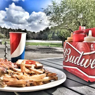a plate of french fries and a beer