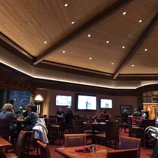 Quiet sports bar in the hotel basement with lots of TV's and a nice view.