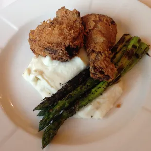 The new improved Fried Chicken, one less piece of cluck but now fresh, perfectly prepared with seasoned asparagus &amp; creamy mashed potatoes.