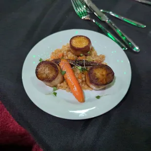 Vegan dinner event-- Fourth course- 'scallops' (king trumpet mushrooms) w/ Israeli couscous &amp; roasted carrot