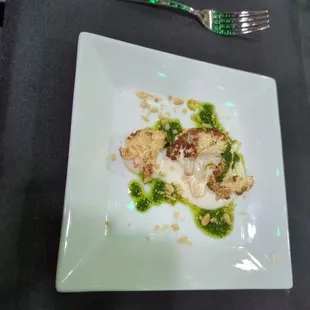 Vegan dinner event- Third course (what's left)- cauliflower w/ 'feta cream,' pesto, &amp; pine nuts