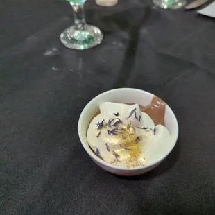 Vegan dinner event-- Dessert course- chocolate mousse w/ shortbread &amp; whipped 'cream'