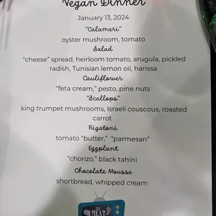 Vegan special dinner menu
