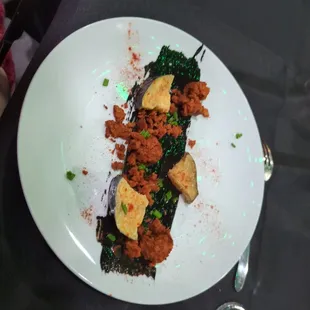 Vegan dinner event- Penultimate course- eggplant w/ 'chorizo' &amp; black tahini