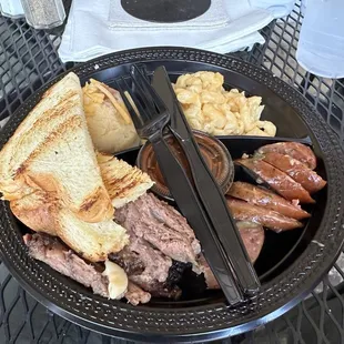 Lunch Special May 2024 - brisket, jalapeño cheddar sausage, Mac &amp; cheese, and loaded mashed potatoes. Yum!