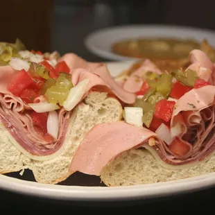 Italian Cold Cut Sub made with Boar&apos;s Head Cold Cuts. Served with Homemade Chips