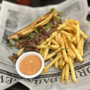 Daily special (green chili ribeye in flatbread with rocket fries)