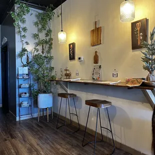 a bar with stools