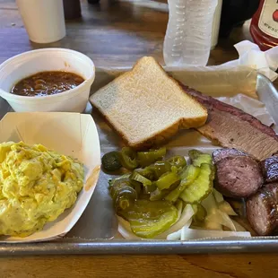 2 meat plate with sausage and brisket with potato salad and baked beans