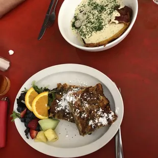 French toast strata and bacon cheddar biscuits