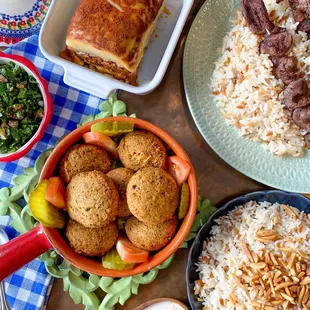 Falafel Platter   Mousakka   Rice Pilaf  Taboulee