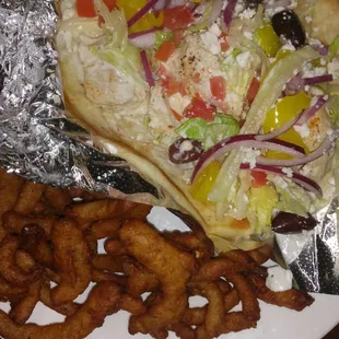 Spicy chicken gyro, and amazing onion rings!