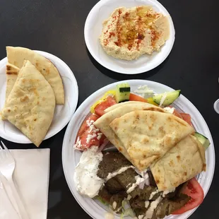 Open face gyro with Greek salad and a side of hummus. Sooo good!!