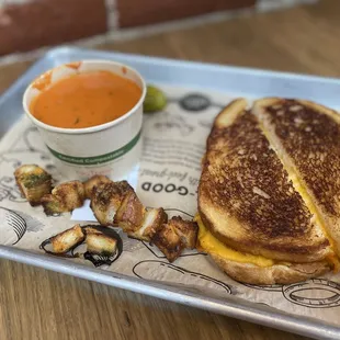 Three Cheese Classic, Tomato Soup, and grilled cheese croutons