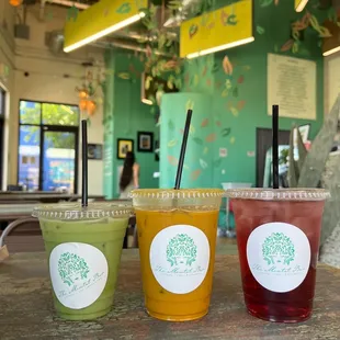 Iced Matcha, Iced Sunset Latte, Radiant Slopes Iced Tea