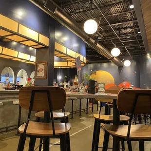 a row of stools in a restaurant
