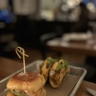 Happy hour Shrimp slider and mini fish tacos